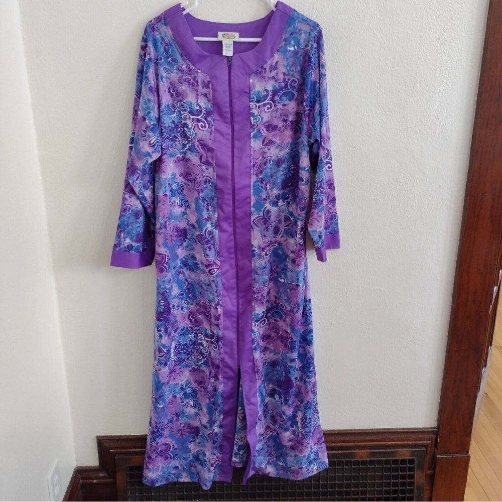 Vintage Collections Etc Long Purple Blue Paisley Zip Robe Housecoat Womens M